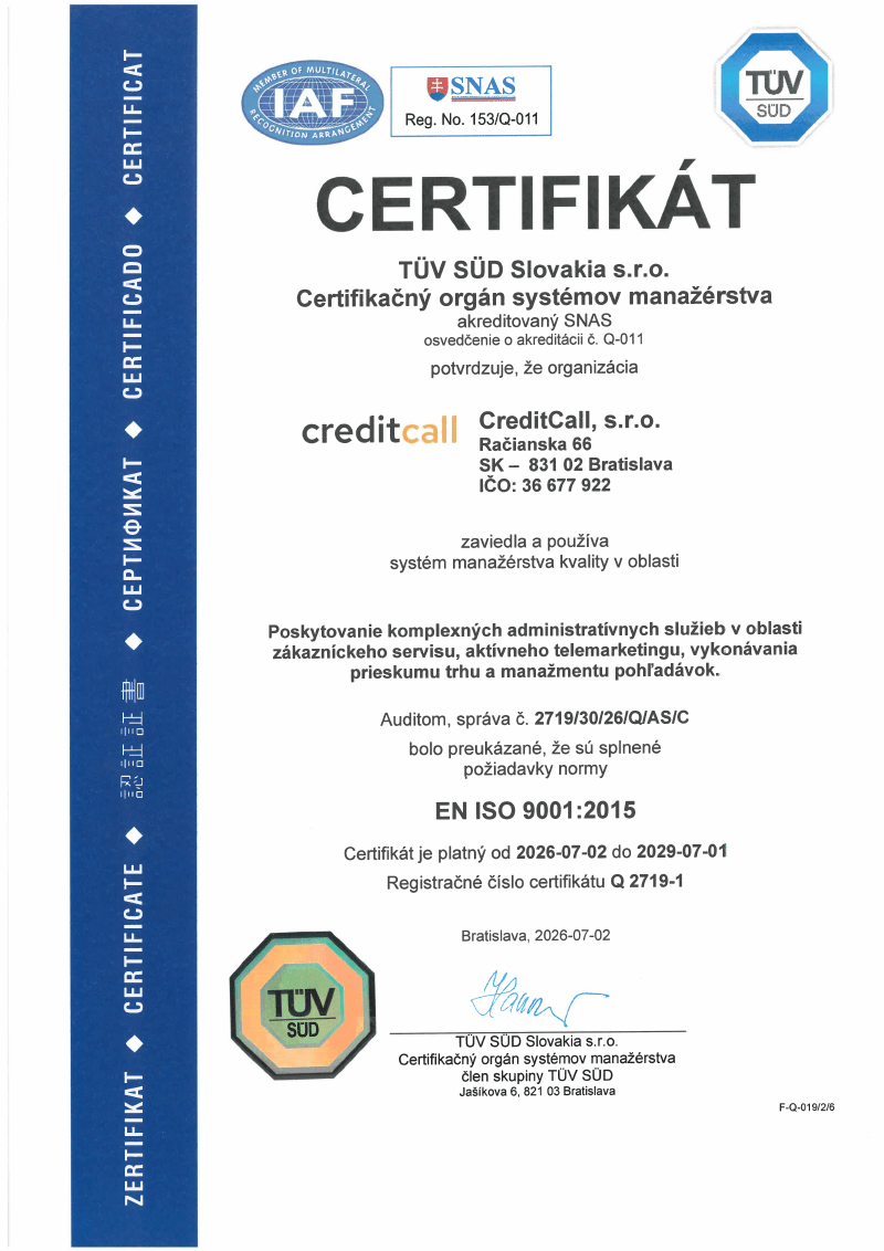 ISO 9001: Systém manažérstva kvality (TÜV SÜD)
